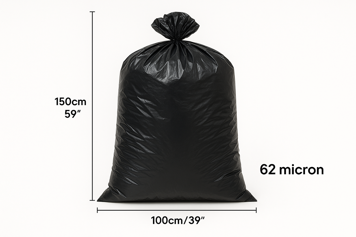 Generate a picture of a garbage bag. Show in the picture that the bag is 100cm width, 150cm height and 62micron thickness. Background is white.